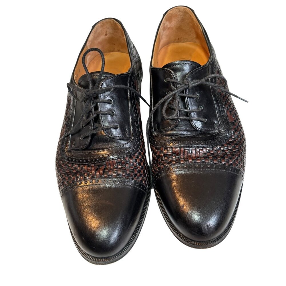 Peter Huber Italian Leather Oxford Shoes Black  Brown Woven Cap Toe Men Size 7.5 - Picture 2 of 14
